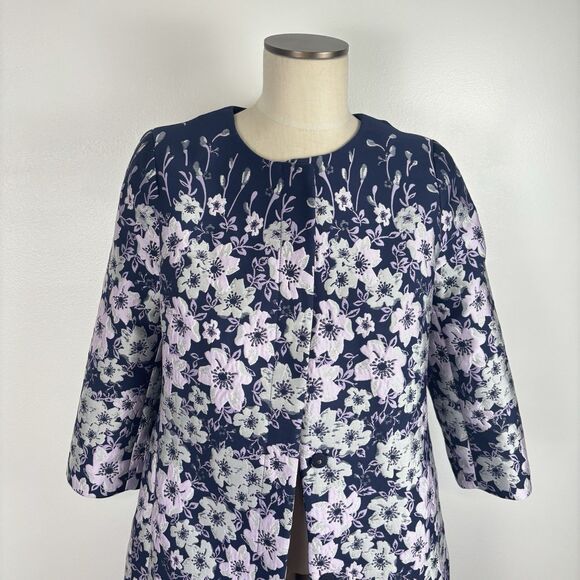Talbots Womens 6 Jacquard Navy Pink Daisy Floral Thick Jacket Blazer - Picture 2 of 8